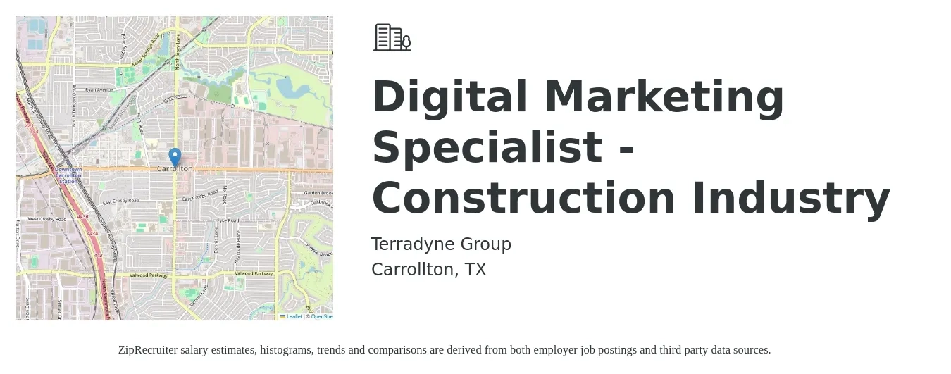 Terradyne Group job posting for a Digital Marketing Specialist - Construction Industry in Carrollton, TX with a salary of $5,000 to $7,000 Monthly with a map of Carrollton location.