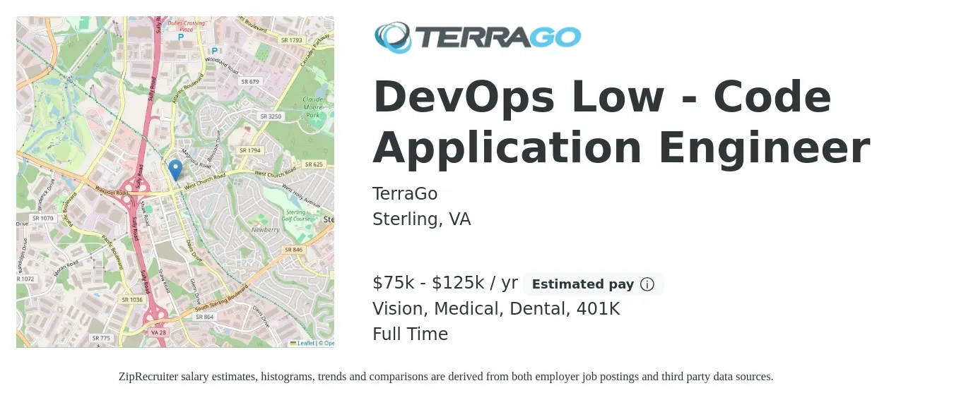 TerraGo job posting for a DevOps Low - Code Application Engineer in Sterling, VA with a salary of $75,000 to $125,000 Yearly and benefits including 401k, dental, life_insurance, medical, and vision with a map of Sterling location.
