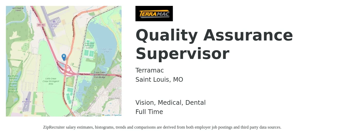 Terramac job posting for a Quality Assurance Supervisor in Saint Louis, MO with a salary of $80,700 to $140,500 Yearly and benefits including medical, retirement, vision, dental, and life_insurance with a map of Saint Louis location.
