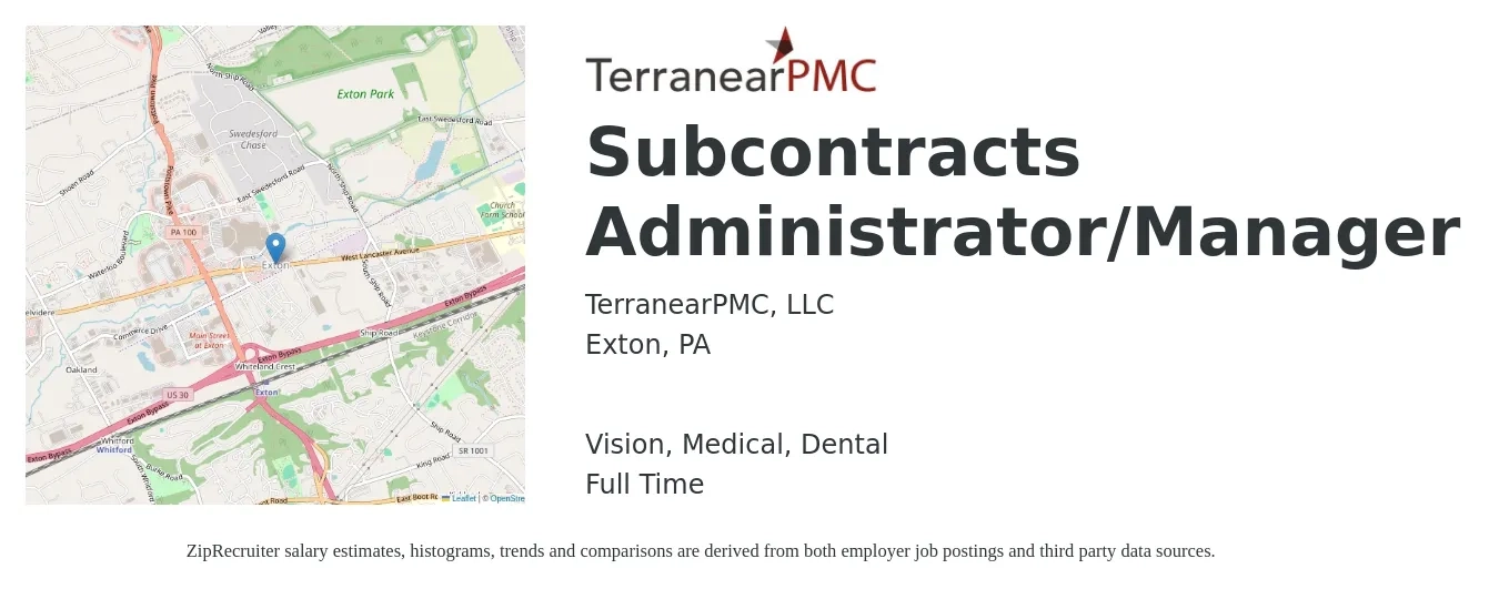 TerranearPMC, LLC job posting for a Subcontracts Administrator/Manager in Exton, PA with a salary of $56,000 to $122,100 Yearly and benefits including vision, dental, life_insurance, medical, pto, and retirement with a map of Exton location.