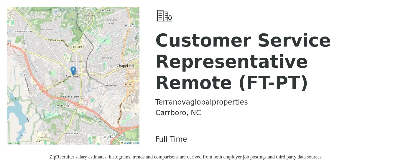 Terranovaglobalproperties job posting for a Customer Service Representative Remote (FT-PT) in Carrboro, NC with a salary of $14 to $18 Hourly with a map of Carrboro location.