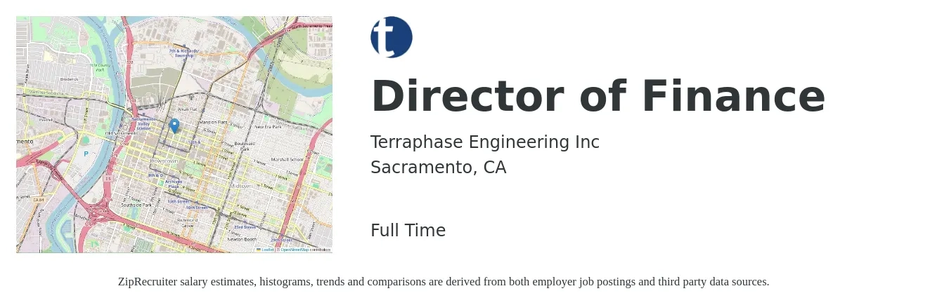 Terraphase Engineering Inc job posting for a Director of Finance in Sacramento, CA with a salary of $107,200 to $163,100 Yearly with a map of Sacramento location.