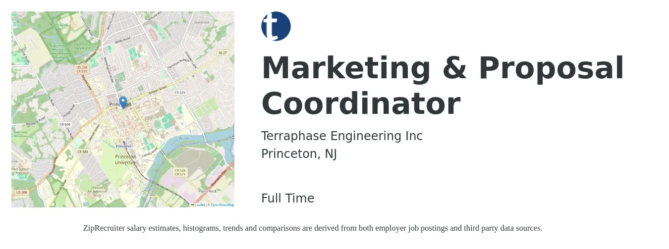 Terraphase Engineering Inc job posting for a Marketing & Proposal Coordinator in Princeton, NJ with a salary of $49,700 to $71,900 Yearly with a map of Princeton location.