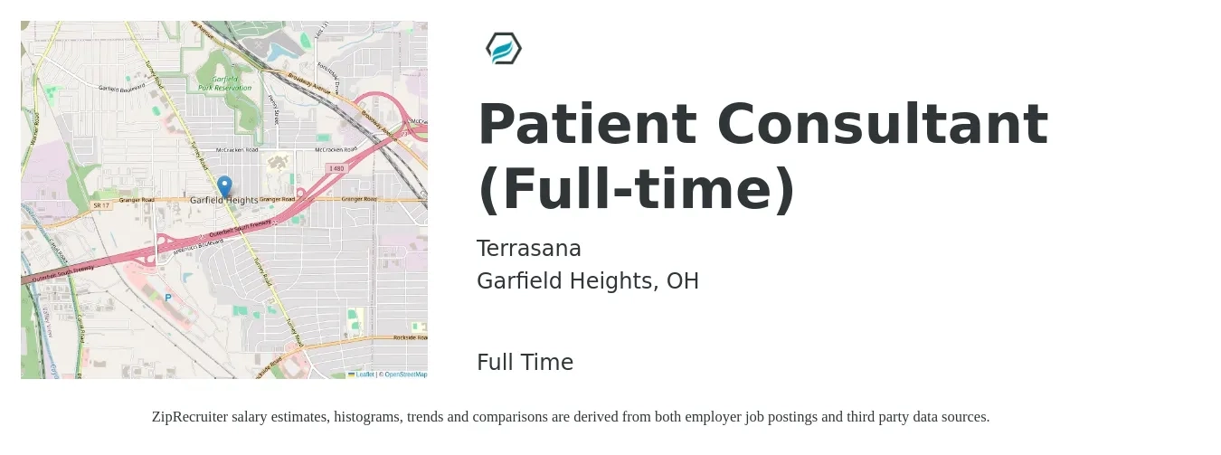 Terrasana job posting for a Patient Consultant (Full-time) in Garfield Heights, OH with a salary of $91,200 to $169,800 Yearly with a map of Garfield Heights location.