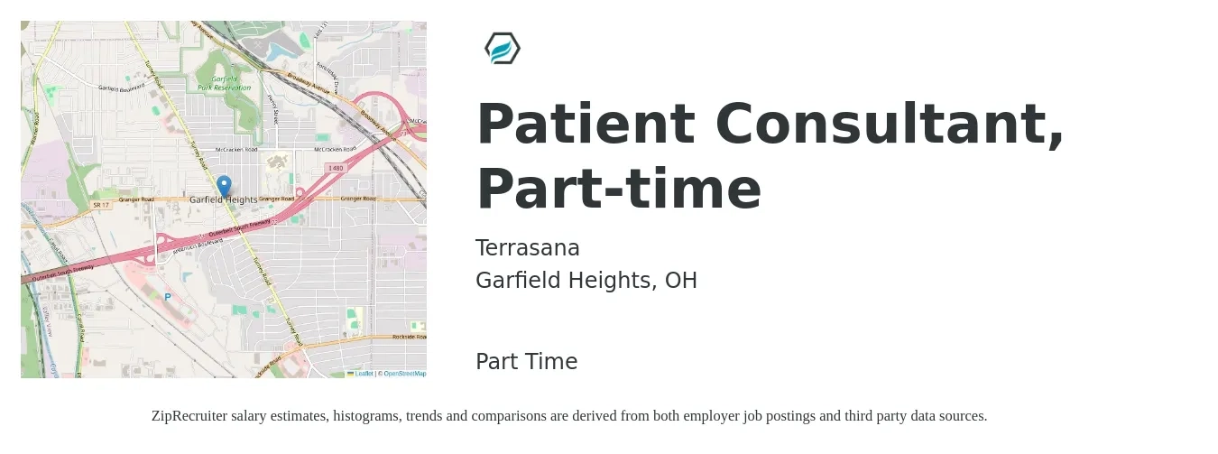 Terrasana job posting for a Patient Consultant, Part-time in Garfield Heights, OH with a salary of $91,200 to $169,800 Yearly with a map of Garfield Heights location.