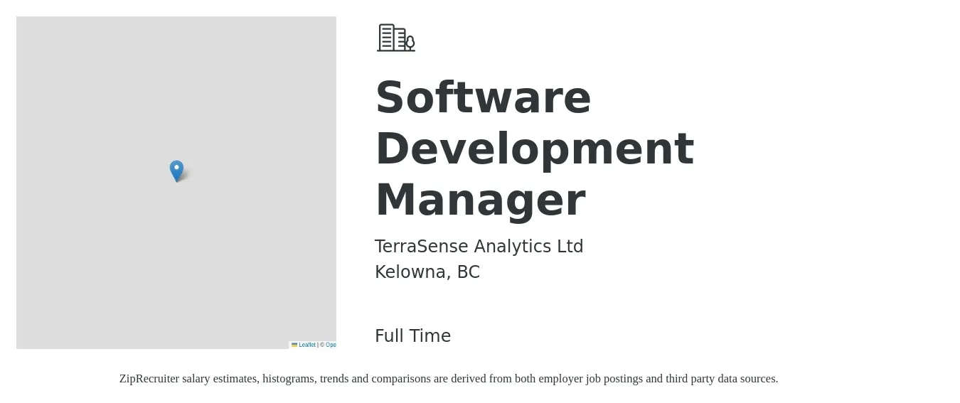 TerraSense Analytics Ltd job posting for a Software Development Manager in Kelowna, BC with a salary of $132,000 to $163,000 Yearly with a map of Kelowna location.