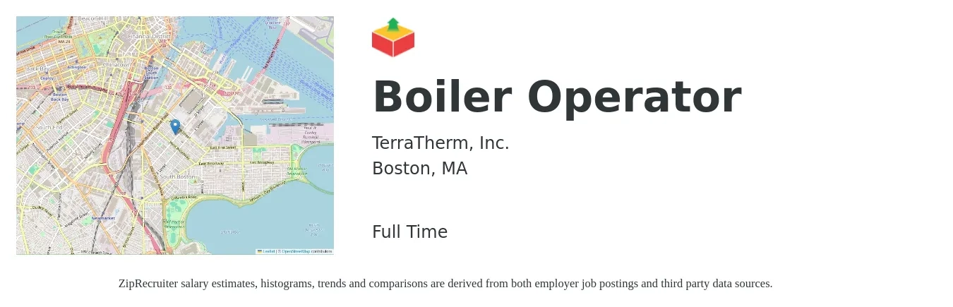 TerraTherm, Inc. job posting for a Boiler Operator in Boston, MA with a salary of $27 to $38 Hourly with a map of Boston location.