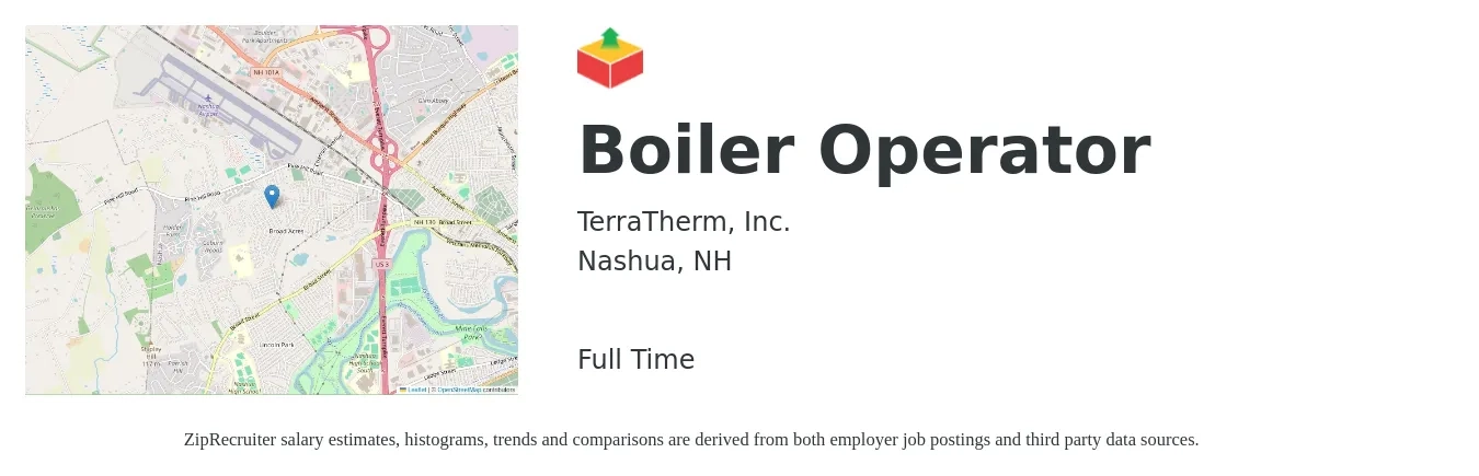 TerraTherm, Inc. job posting for a Boiler Operator in Nashua, NH with a salary of $25 to $35 Hourly with a map of Nashua location.