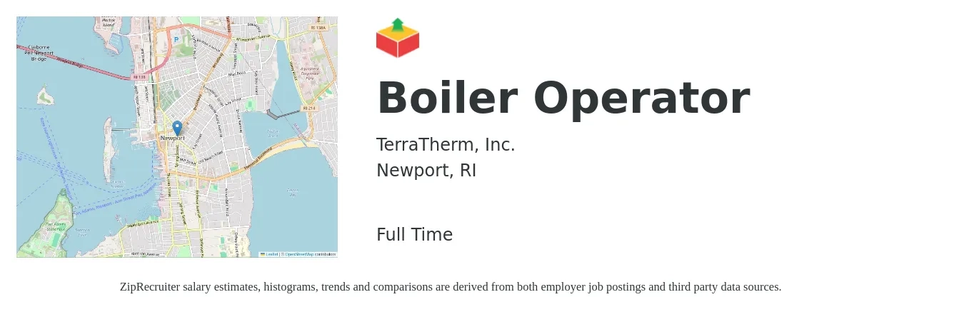 TerraTherm, Inc. job posting for a Boiler Operator in Newport, RI with a salary of $25 to $35 Hourly with a map of Newport location.