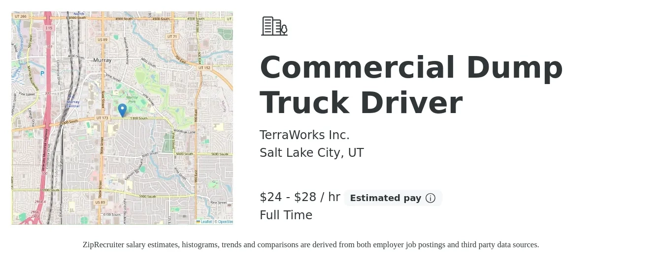 TerraWorks Inc. job posting for a Commercial Dump Truck Driver in Salt Lake City, UT with a salary of $25 to $30 Hourly with a map of Salt Lake City location.