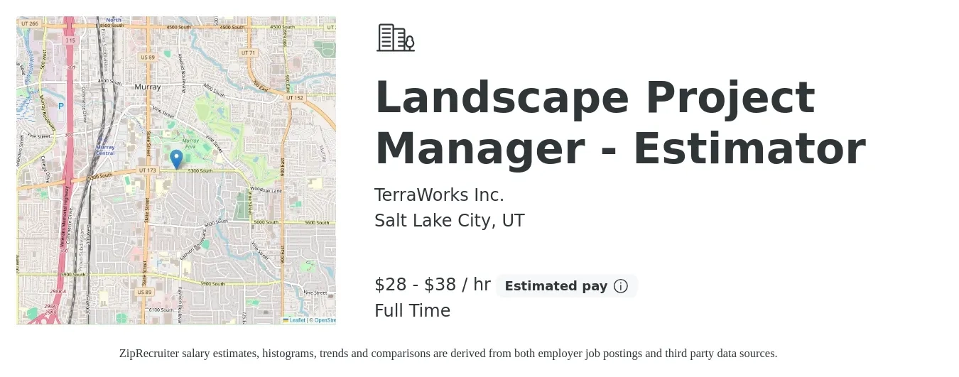 TerraWorks Inc. job posting for a Landscape Project Manager - Estimator in Salt Lake City, UT with a salary of $30 to $40 Hourly with a map of Salt Lake City location.