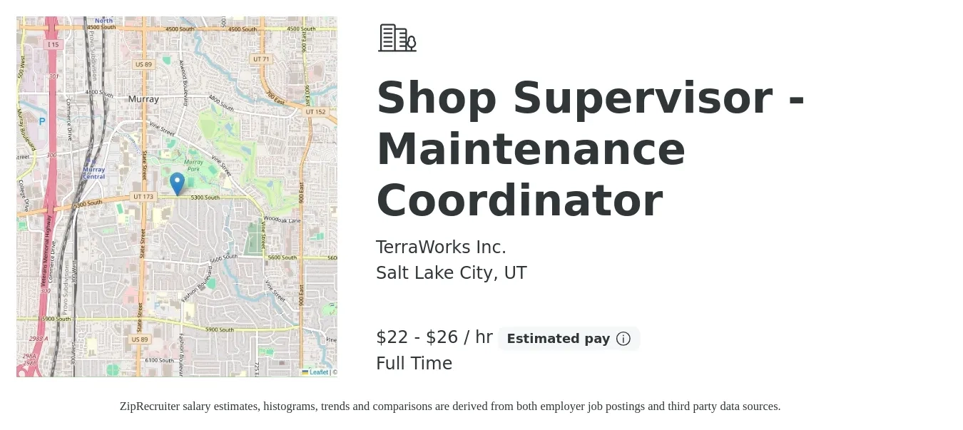 TerraWorks Inc. job posting for a Shop Supervisor - Maintenance Coordinator in Salt Lake City, UT with a salary of $23 to $28 Hourly with a map of Salt Lake City location.