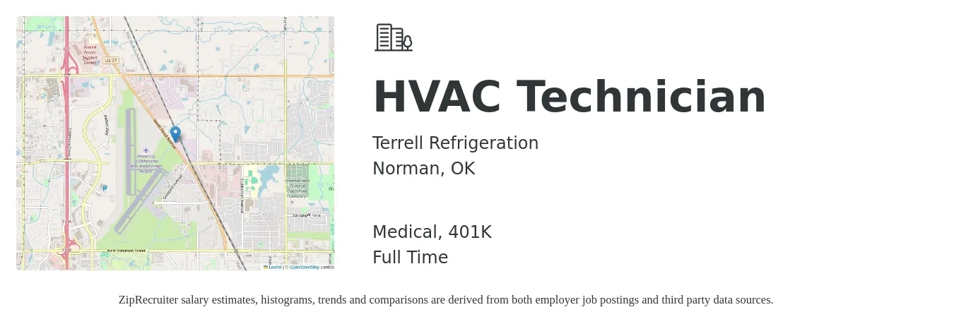 Terrell Refrigeration job posting for a HVAC Technician in Norman, OK with a salary of $20 to $29 Hourly and benefits including 401k, and medical with a map of Norman location.