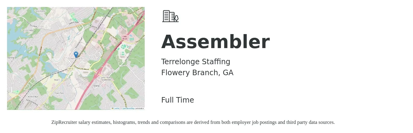 Terrelonge Staffing job posting for a Assembler in Flowery Branch, GA with a salary of $15 to $18 Hourly with a map of Flowery Branch location.