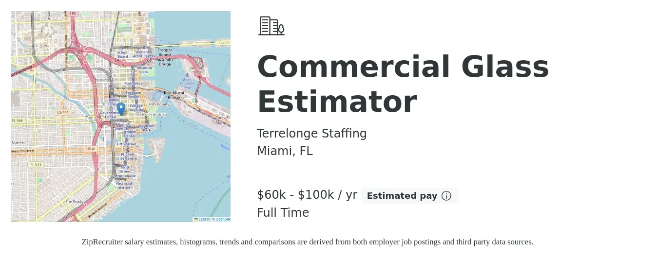 Terrelonge Staffing job posting for a Commercial Glass Estimator in Miami, FL with a salary of $60,300 to $100,900 Yearly with a map of Miami location.