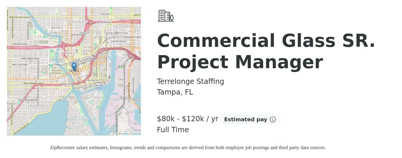 Terrelonge Staffing job posting for a Commercial Glass SR. Project Manager in Tampa, FL with a salary of $100,000 to $125,000 Yearly with a map of Tampa location.
