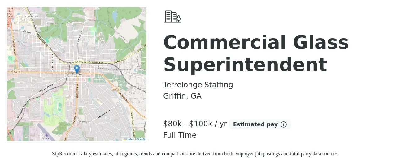 Terrelonge Staffing job posting for a Commercial Glass Superintendent in Griffin, GA with a salary of $74,900 to $104,600 Yearly with a map of Griffin location.