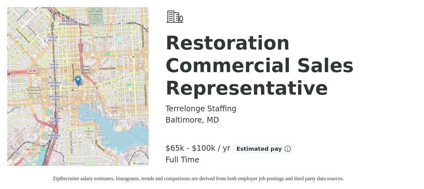 Terrelonge Staffing job posting for a Restoration Commercial Sales Representative in Baltimore, MD with a salary of $45,200 to $65,600 Yearly with a map of Baltimore location.