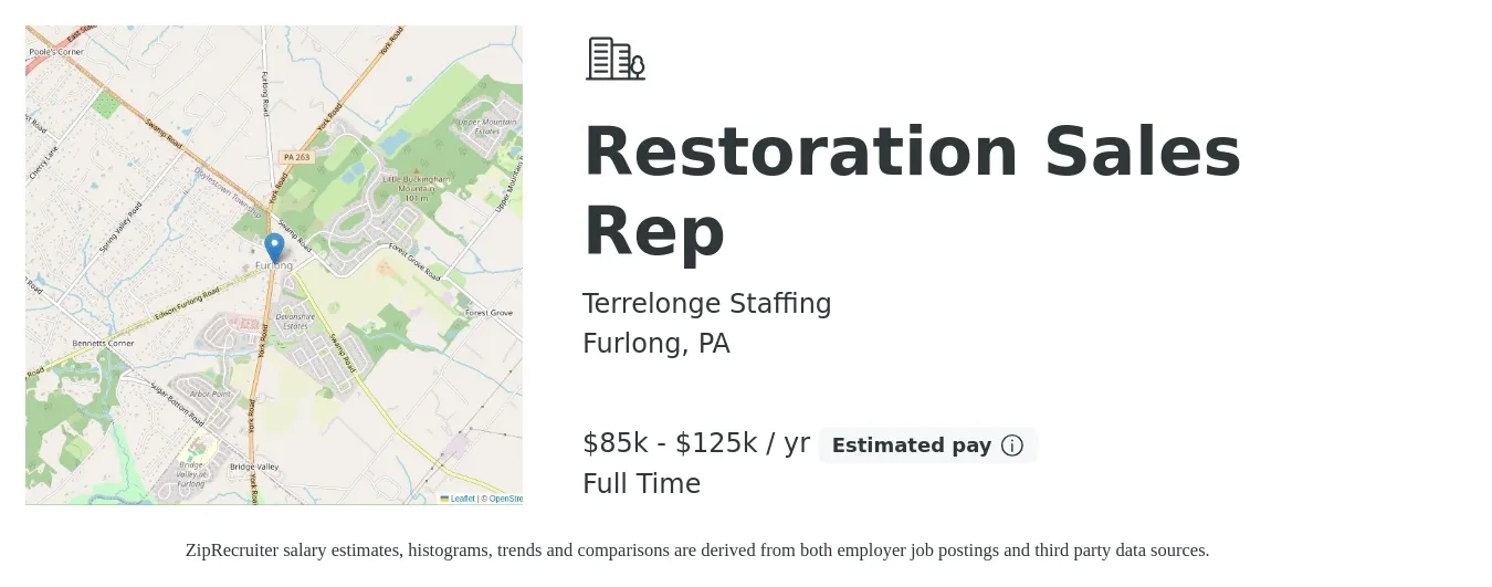 Terrelonge Staffing job posting for a Restoration Sales Rep in Furlong, PA with a salary of $52,500 to $91,300 Yearly with a map of Furlong location.