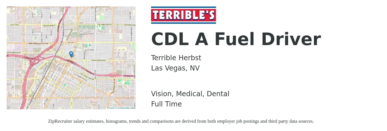 Terrible Herbst job posting for a CDL A Fuel Driver in Las Vegas, NV with a salary of $24 to $41 Hourly and benefits including vision, dental, medical, and pto with a map of Las Vegas location.