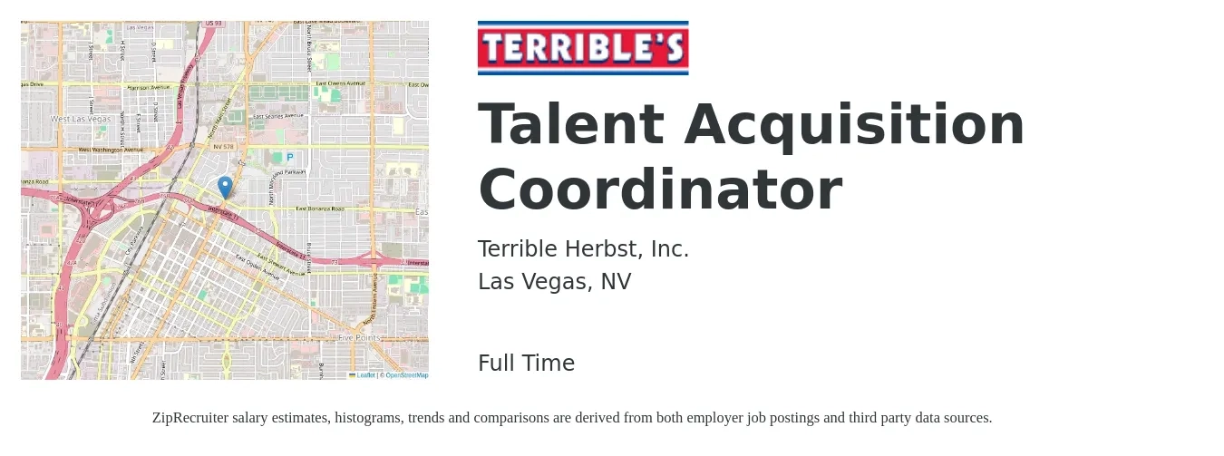 Terrible Herbst job posting for a Talent Acquisition Coordinator in Las Vegas, NV with a salary of $20 to $26 Hourly and benefits including dental, life_insurance, medical, pto, retirement, and vision with a map of Las Vegas location.