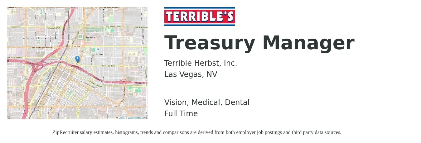 Terrible Herbst job posting for a Treasury Manager in Las Vegas, NV with a salary of $83,100 to $116,000 Yearly and benefits including vision, dental, life_insurance, medical, pto, and retirement with a map of Las Vegas location.