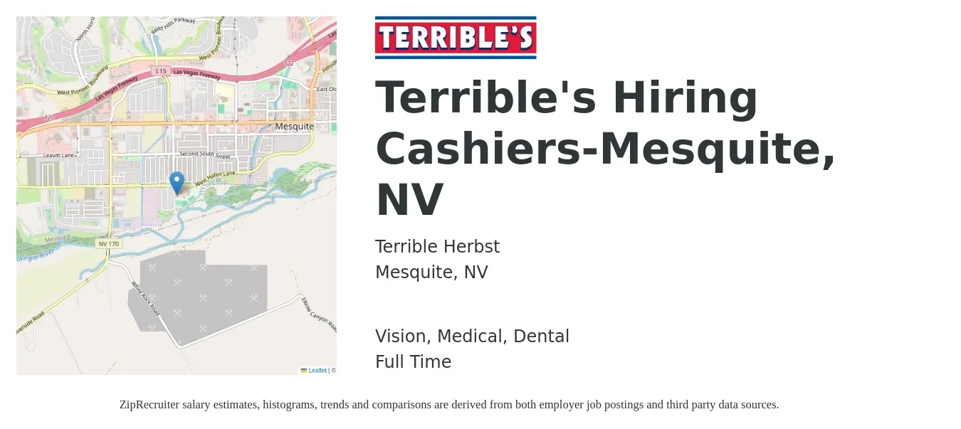 Terrible Herbst job posting for a Terrible's Hiring Cashiers-Mesquite, NV in Mesquite, NV with a salary of $10 to $14 Hourly and benefits including dental, life_insurance, medical, pto, retirement, and vision with a map of Mesquite location.