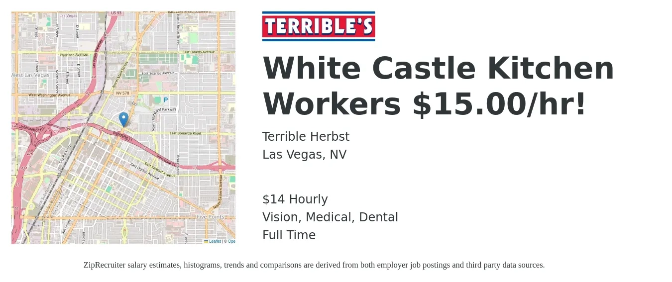 Terrible Herbst job posting for a White Castle Kitchen Workers $15.00/hr! in Las Vegas, NV with a salary of $15 Hourly and benefits including medical, vision, and dental with a map of Las Vegas location.