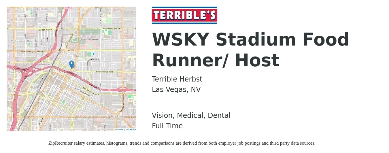 Terrible Herbst job posting for a WSKY Stadium Food Runner/ Host in Las Vegas, NV with a salary of $10 to $16 Hourly and benefits including dental, medical, and vision with a map of Las Vegas location.