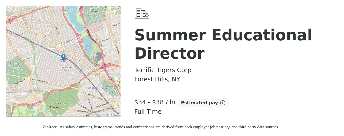 Terrific Tigers Corp job posting for a Summer Educational Director in Forest Hills, NY with a salary of $36 to $40 Hourly with a map of Forest Hills location.