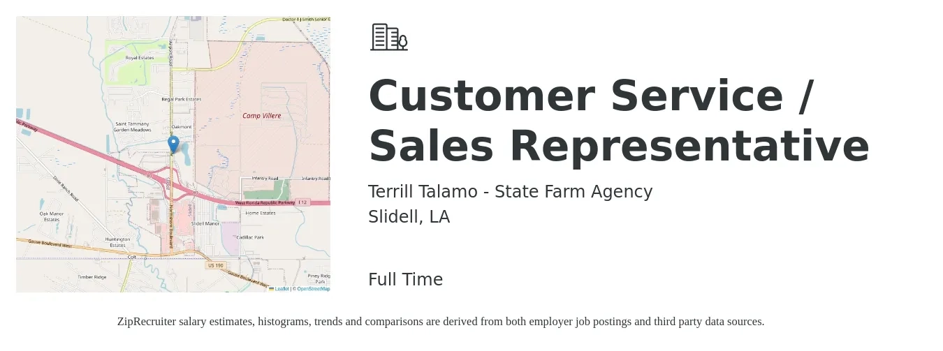 Terrill Talamo - State Farm Agency job posting for a Customer Service / Sales Representative in Slidell, LA with a salary of $14 to $22 Hourly with a map of Slidell location.