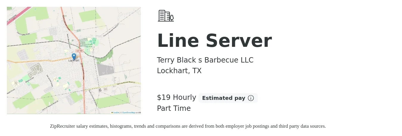 Terry Black s Barbecue LLC job posting for a Line Server in Lockhart, TX with a salary of $20 Hourly with a map of Lockhart location.