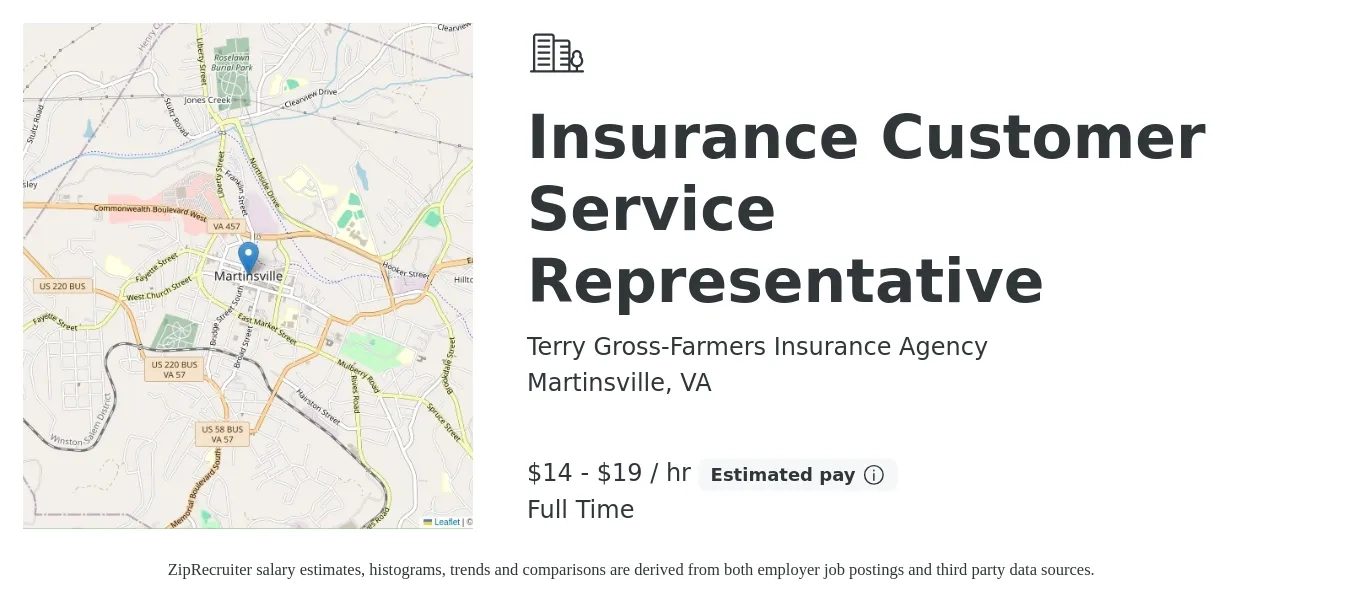 Terry Gross-Farmers Insurance Agency job posting for a Insurance Customer Service Representative in Martinsville, VA with a salary of $12 to $20 Hourly with a map of Martinsville location.