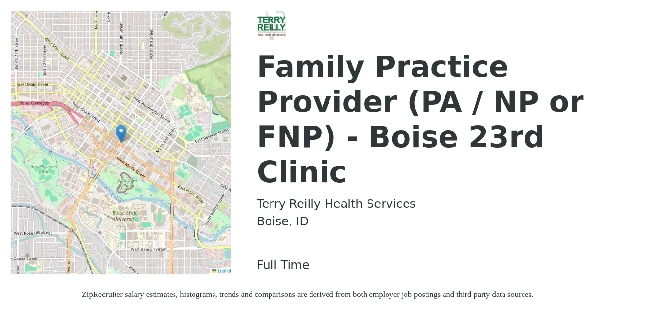 Terry Reilly Health Services job posting for a Family Practice Provider (PA / NP or FNP) - Boise 23rd Clinic in Boise, ID with a salary of $95,600 to $121,100 Yearly with a map of Boise location.