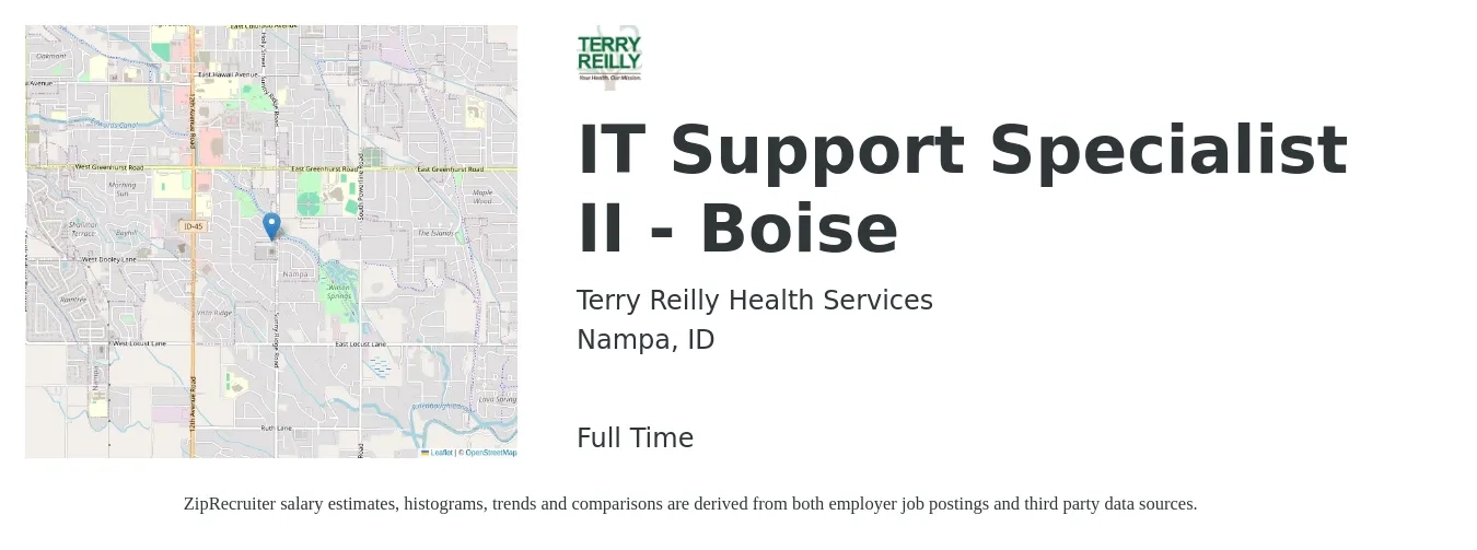 Terry Reilly Health Services job posting for a IT Support Specialist II - Boise in Nampa, ID with a salary of $43,200 to $87,400 Yearly with a map of Nampa location.