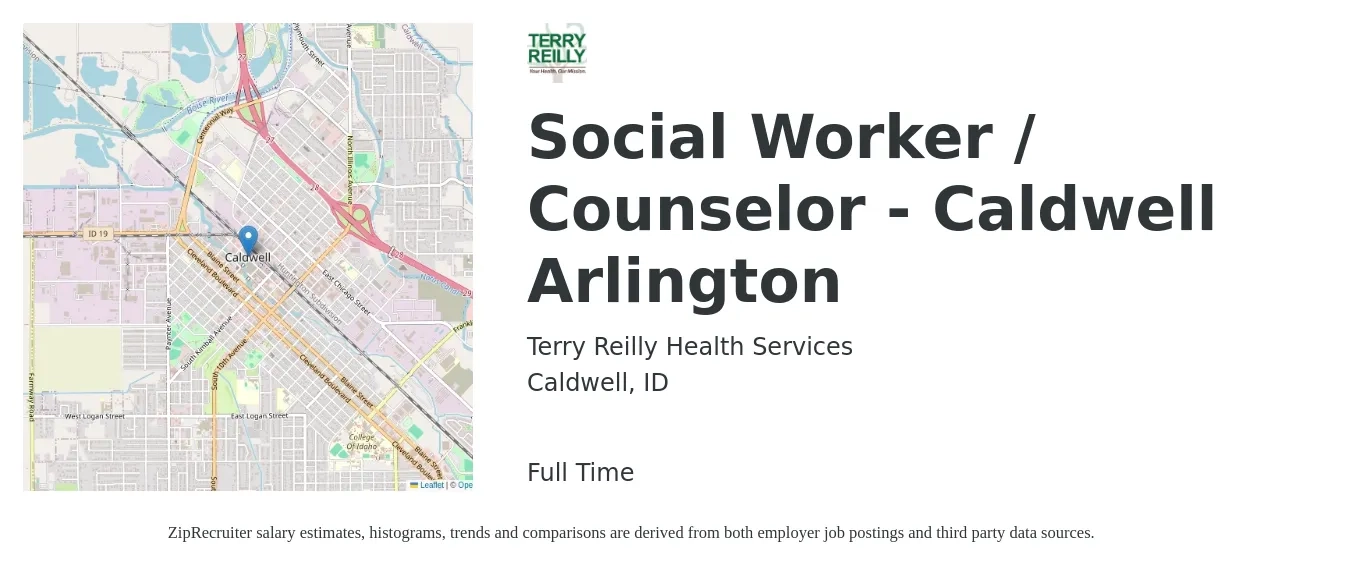 Terry Reilly Health Services job posting for a Social Worker / Counselor - Caldwell Arlington in Caldwell, ID with a salary of $49,500 to $77,000 Yearly with a map of Caldwell location.