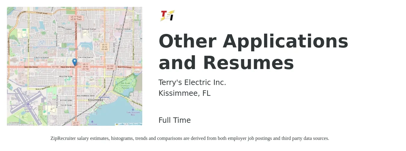Terry's Electric Inc. job posting for a Other Applications and Resumes in Kissimmee, FL with a salary of $89,700 to $114,900 Yearly with a map of Kissimmee location.