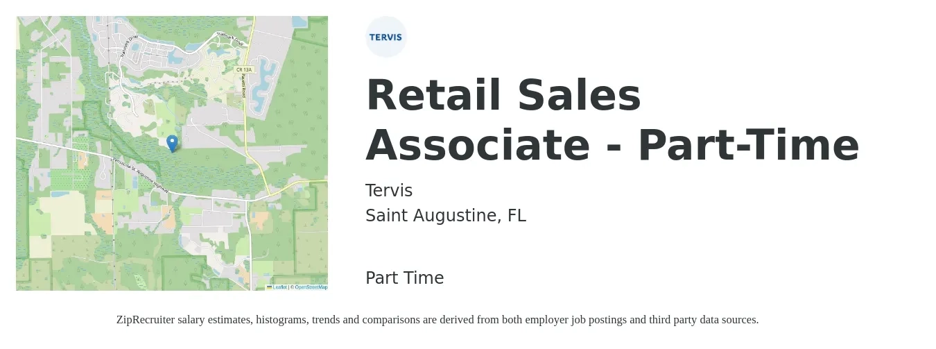 Tervis job posting for a Retail Sales Associate - Part-Time in Saint Augustine, FL with a salary of $13 to $15 Hourly with a map of Saint Augustine location.