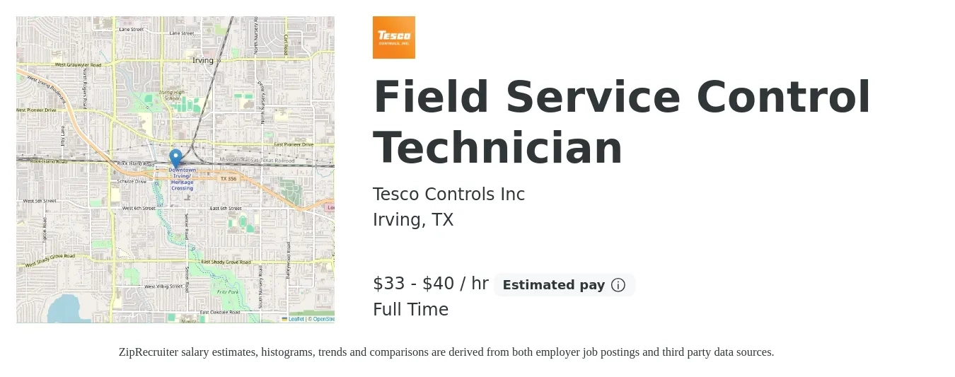 Tesco Controls Inc job posting for a Field Service Control Technician in Irving, TX with a salary of $35 to $42 Hourly with a map of Irving location.