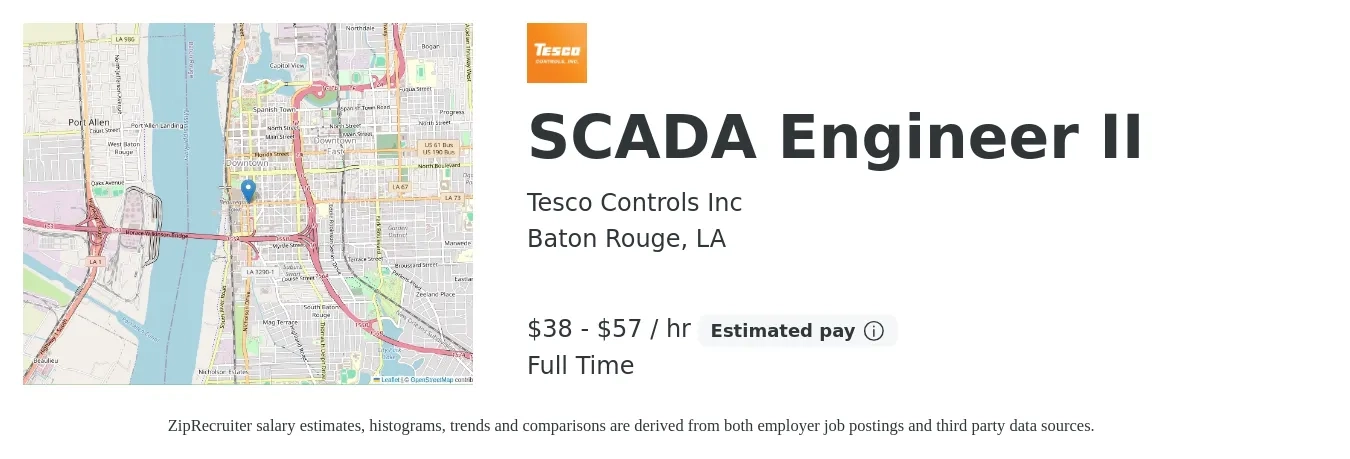 Tesco Controls Inc job posting for a SCADA Engineer II in Baton Rouge, LA with a salary of $40 to $60 Hourly with a map of Baton Rouge location.