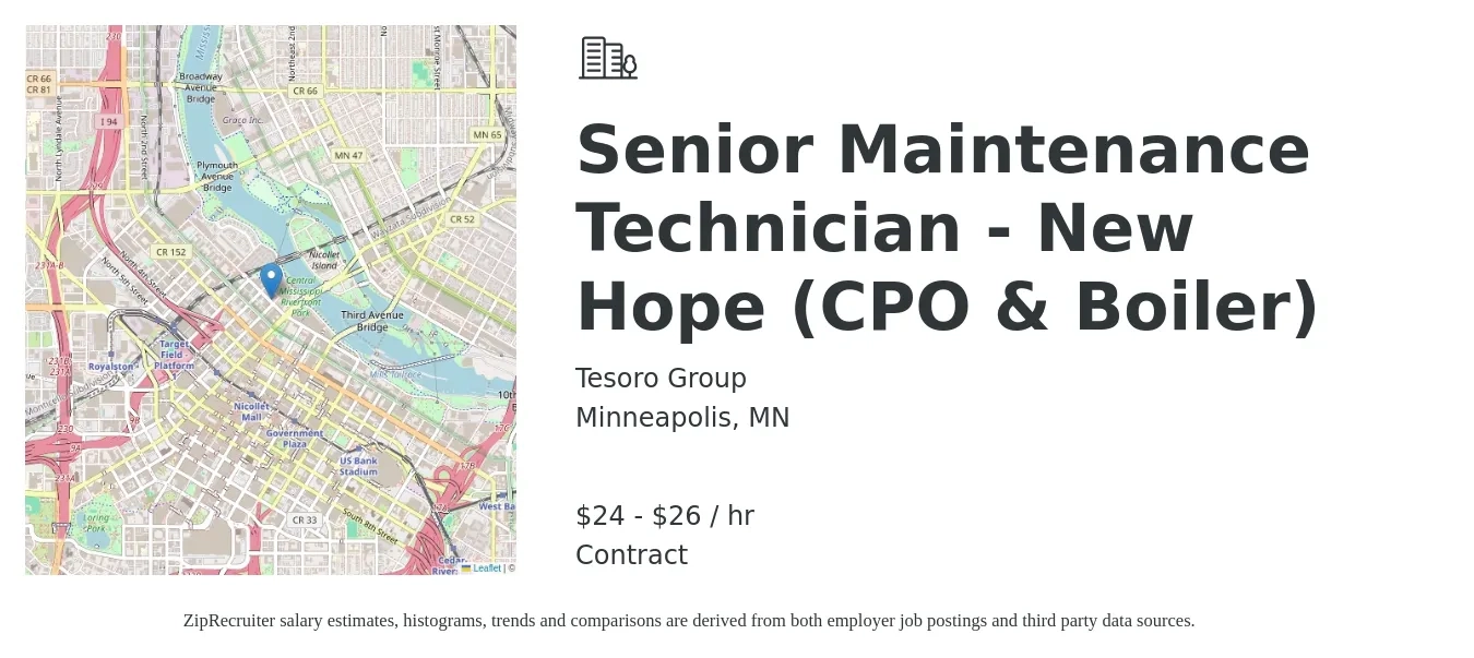 Tesoro Group job posting for a Senior Maintenance Technician - New Hope (CPO & Boiler) in Minneapolis, MN with a salary of $25 to $28 Hourly with a map of Minneapolis location.