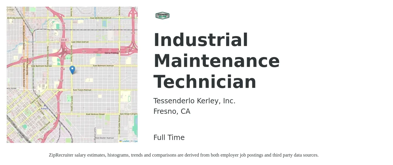Tessenderlo Kerley, Inc. job posting for a Industrial Maintenance Technician in Fresno, CA with a salary of $24 to $27 Hourly with a map of Fresno location.