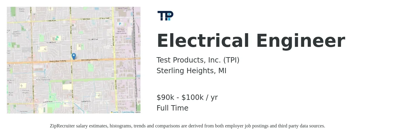 Test Products, Inc. (TPI) job posting for a Electrical Engineer in Sterling Heights, MI with a salary of $90,000 to $100,000 Yearly with a map of Sterling Heights location.