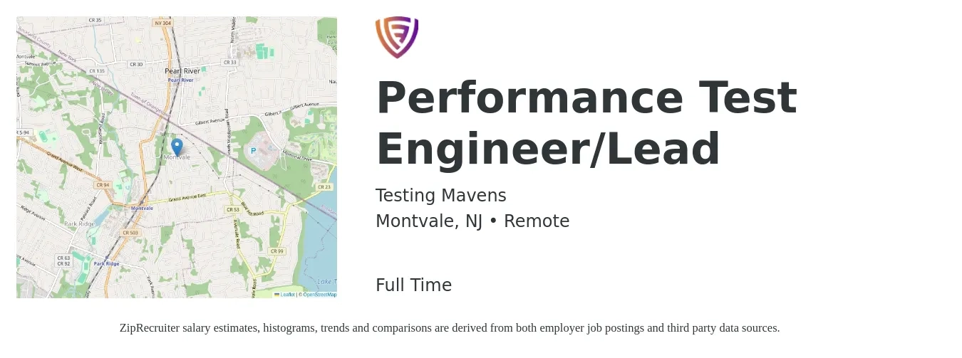 Testing Mavens job posting for a Performance Test Engineer/Lead in Montvale, NJ with a salary of $38 to $64 Hourly with a map of Montvale location.