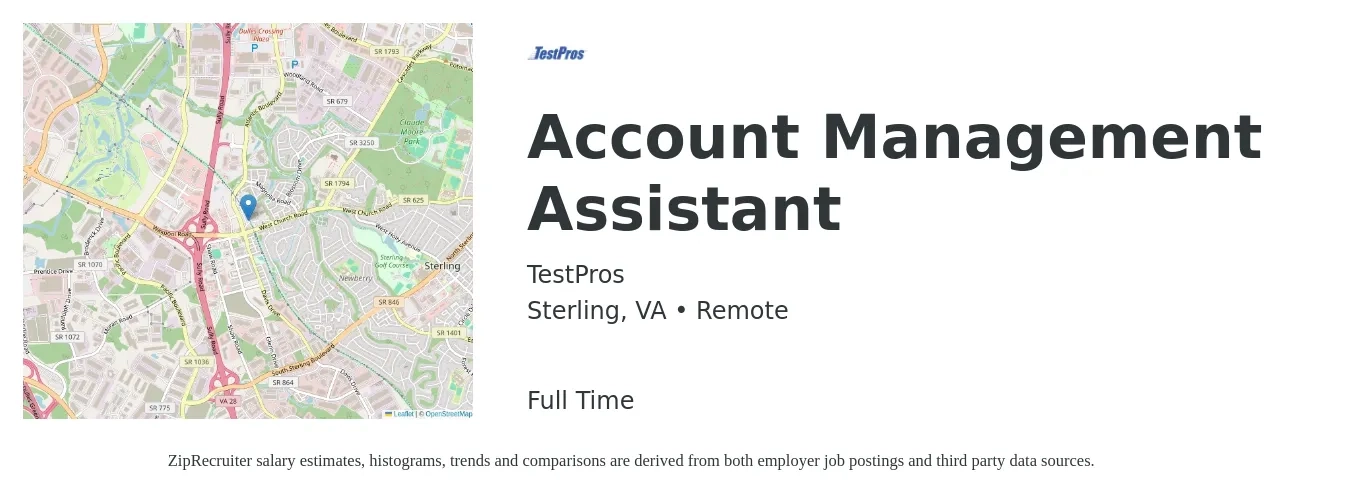 TestPros job posting for a Account Management Assistant in Sterling, VA with a salary of $18 to $24 Hourly with a map of Sterling location.