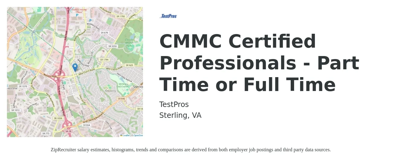 TestPros job posting for a CMMC Certified Professionals - Part Time or Full Time in Sterling, VA with a salary of $34,300 to $106,000 Yearly with a map of Sterling location.