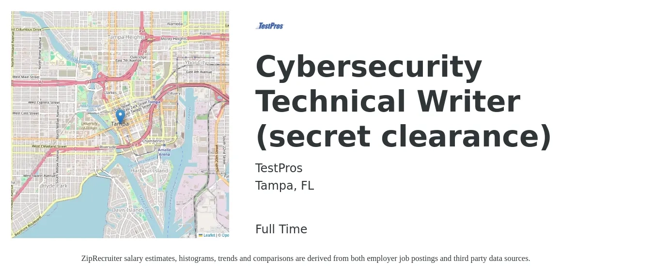 TestPros job posting for a Cybersecurity Technical Writer (secret clearance) in Tampa, FL with a salary of $30 to $48 Hourly with a map of Tampa location.