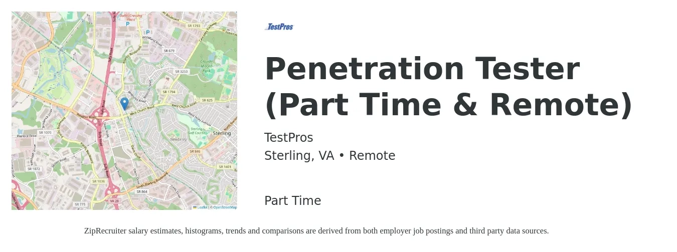TestPros job posting for a Penetration Tester (Part Time & Remote) in Sterling, VA with a salary of $96,900 to $142,400 Yearly with a map of Sterling location.