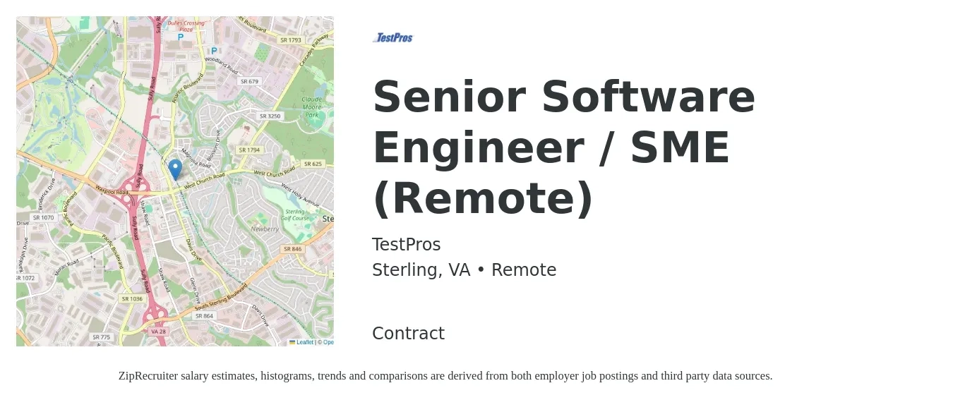 TestPros job posting for a Senior Software Engineer / SME (Remote) in Sterling, VA with a salary of $121,700 to $160,400 Yearly with a map of Sterling location.