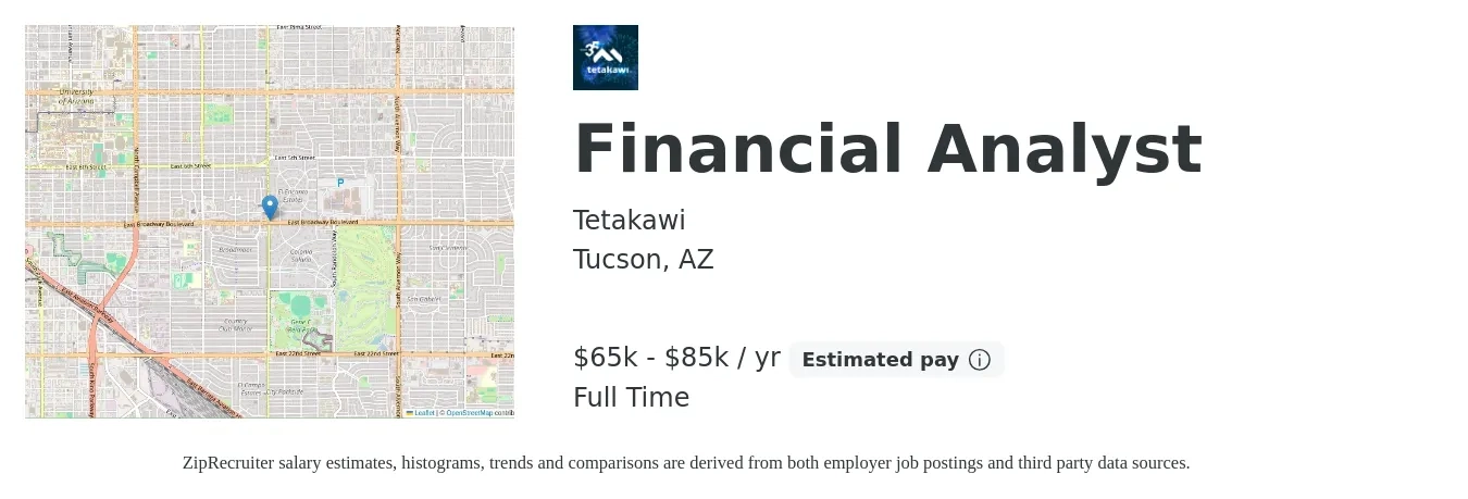 Tetakawi job posting for a Financial Analyst in Tucson, AZ with a salary of $65,000 to $85,000 Yearly with a map of Tucson location.